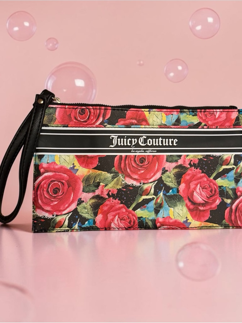 Juicy Couture Black Multi Rose Gothic Logo Stripe Wristlet NWOT